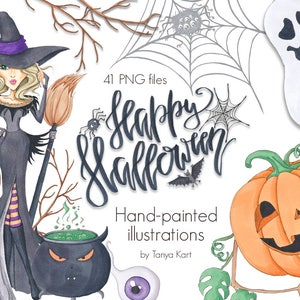 Watercolor Halloween Clipart for Commercial Use, Autumn Season, Hand-Painted Halloween Graphics, Witches & October Pumpkins, Fall Girl