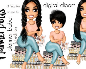 Digital Fashion Clipart and Doll Stickers for Planner Girl, Planner Babe Clipart Set, Printable Commercial Use Stickers for Planner