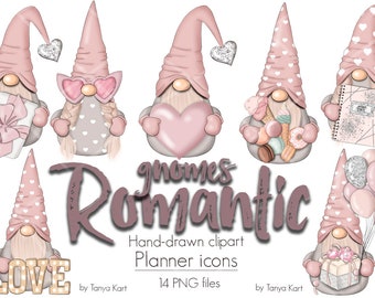 Romantic Love Gnomes ClipartStickers Set for February Erin Condren Planners & Valentine's Day Crafts, Nordic Gnomes Planner Stickers