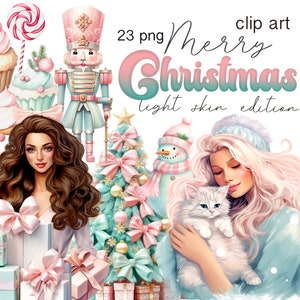 Pacote de clipart de Natal, caminhão de árvore de Natal PNG digital, Papai Noel, quebra-nozes, biscoitos, Natal pastel, trem polar, download instantâneo