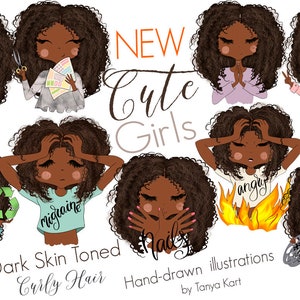 African American Emoji Girls Fashion Illustration for Digital Download, Pajama Party Girls Sticker for Planner, Planner Girl Nails Clipart