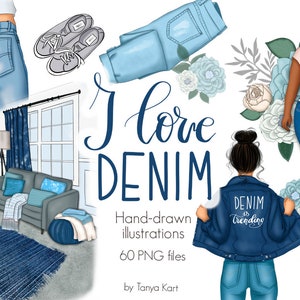 Op de afbeelding: Een set digitale illustraties met verschillende denim-items, waaronder jeans, een jas en een paar sneakers. De set bevat ook een woonkamerinterieur met denim-thema. De tekst "I love DENIM" staat in het midden van de afbeelding. Handgetekende illustraties, 60 PNG-bestanden, door Tanya Kart.