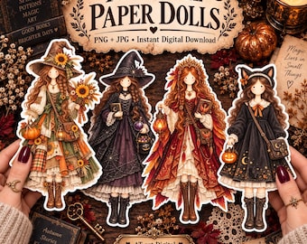 Witchy Autumn Paper Dolls | Printable Halloween Doll Set | Gothic Cottagecore PNG JPG | Fall Journal & Scrapbook Kit
