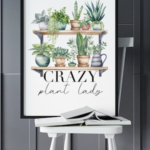 May include: A black framed print with a white background featuring a watercolor illustration of a shelf with potted plants. The text "CRAZY plant lady" is written below the shelf.