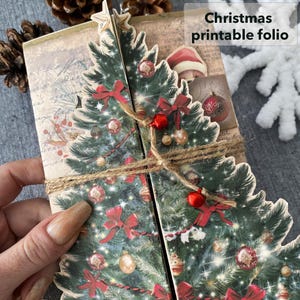 クリスマスジャンクジャーナル印刷可能なフォリオエフェメラ折りたたみ3Dフォリオ、クリスマスファジーカットステッカー付き、シャビーシックヴィンテージ、スクラップブック用紙