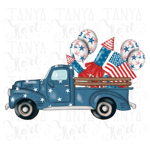 LKW mit Feuerwerk, USA-Flaggenkunst, Sommersublimation, Druck-T-Shirt, wunderliches Design, Stern Png, Juli-Truck, Sublimationsdatei