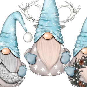 Op de afbeelding: Drie grillige winterkabouters met lichtblauwe hoeden en wanten. E&eacute;n kabouter heeft een gewei, een andere heeft een witte bal op zijn hoed en de derde heeft een dennentak met dennenappels. De kabouters hebben lange witte baarden en bruine neuzen.