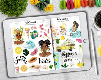 Adesivi per agenda digitale Notebook Goodnotes estivo, Icone digitali estive donna afro, Agenda per iPad, Adesivi per le vacanze, Goodnotes 5,
