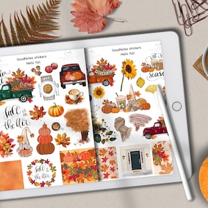 May include: Digital stickers on a tablet with a seasonal autumn theme. The stickers feature pumpkins, leaves, trucks, coffee cups, and the text "Hello Fall" and "Fall is in the air". A cup of coffee and a pumpkin are also in the image.
