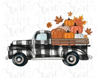 Camión de otoño PNG con calabazas para diseños de sublimación, camión de otoño a cuadros estilo búfalo PNG para diseños digitales, invitación para recogida de Acción de Gracias PNG