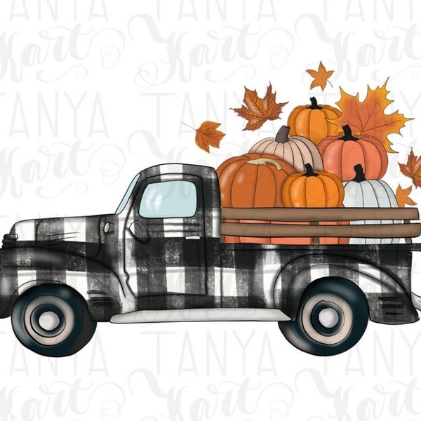 Fall Truck Png With Pumpkins for Sublimation Designs, Buffalo Plaid Autumn Truck Png for Digital Designs, Thanksgiving Pickup Png Invitation