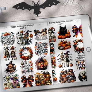 May include: A digital tablet displays two sets of Halloween-themed stickers. The stickers feature spooky illustrations of skeletons, pumpkins, bats, and text like "Spooky Season" and "Tricks and Treats." A cup of coffee and a pumpkin are also visible.