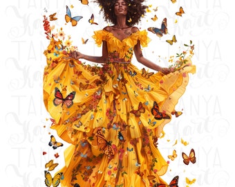 Melanin Woman Butterfly Wall Art, PNG Digital Download, Yellow Dress Sublimation Design, Black Girl PNG for DIY Shirt, Planner Stickers