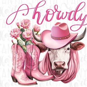 Pink cowgirl PNG, western floral cow clipart, cute cow with pink cowboy hat and boots, country western boho ranch design, digital download
