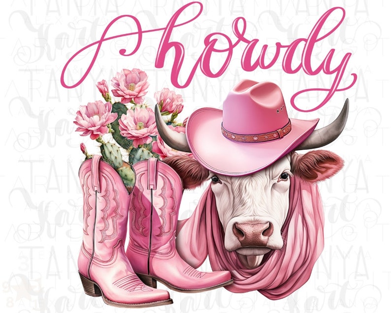 Pink cowgirl PNG, western floral cow clipart, cute cow with pink cowboy hat and boots, country western boho ranch design, digital download