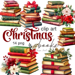 Pila di libri di Natale classica - Clipart di libri vintage - Clipart invernali per gli amanti dei libri - Poinsettia e Book Worm PNG - Clipart di lettura