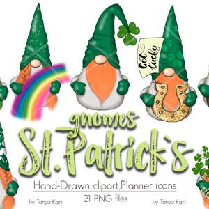 May include: Set of 8 digital clipart images featuring gnomes dressed in green and white with shamrock accents. The gnomes are holding various St. Patrick's Day themed items, including a rainbow, a horseshoe, a pot of gold, and a sign that says "Leprechauns Welcome!"