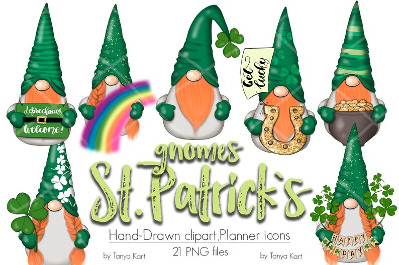 May include: Set of 8 digital clipart images featuring gnomes dressed in green and white with shamrock accents. The gnomes are holding various St. Patrick's Day themed items, including a rainbow, a horseshoe, a pot of gold, and a sign that says "Leprechauns Welcome!"