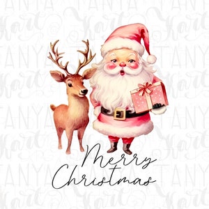 Retro Pink Santa Claus with Deer Design for Holiday Crafting, Vintage Holiday Sublimation Graphic, Printable Artwork for Children's Prints