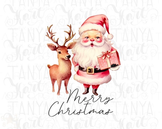 Retro Pink Santa Claus with Deer Design for Holiday Crafting, Vintage Holiday Sublimation Graphic, Printable Artwork for Children's Prints