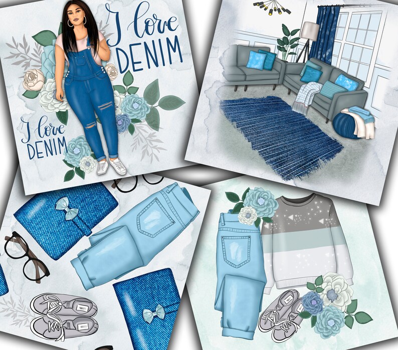 Fashion Patterns Denim Papers Denim Art Girly Papers Flowers Navy Blue Planner Babe Afro Girl Floral Patterns Jeans Papers