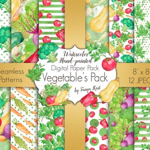 Op de afbeelding: Een digitaal papierpakket met 12 aquarel illustraties van groenten. Het pakket bevat naadloze patronen van wortels, tomaten, paprika's, broccoli, courgettes, bieten en pompoenen. De patronen zijn in verschillende kleuren, waaronder groen, rood, oranje, geel en paars. Het pakket is 8 inch bij 8 inch en is beschikbaar in JPEG-formaat.