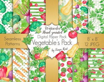Vegetable Digital Paper Pack, Veggies Graphics, Seamless Pattern, Scrapbook Paper, Watercolor Paper, Green Papers, Herbs Illustration