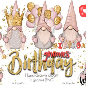 Happy Birthday Gnomes Stickers Clipart - Digital Download for Birthday Invitations, Sublimation, Planner, Scrapbooking, Commercial Use