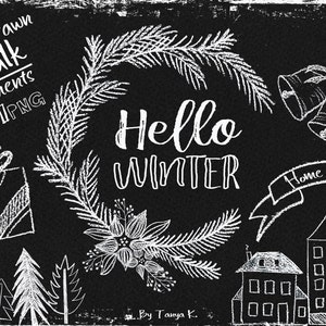 Chalkboard Christmas Clipart, Black and White Winter Elements for Holiday Projects - Instant Download PNG Files, Snowflake Painting