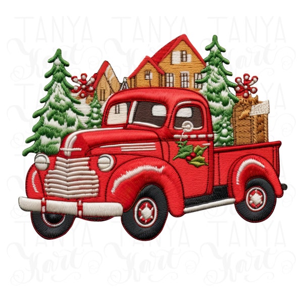 Red Christmas Truck with Green Tree and House PNG Sublimation | Digital Download | Holiday Artwork Print for Winter T-shirt Design