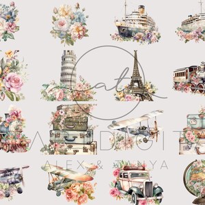 May include: A collection of watercolor illustrations featuring travel themes. The images include a vintage airplane, a train, a car, a globe, a cruise ship, the Eiffel Tower, the Leaning Tower of Pisa, suitcases, and floral bouquets.