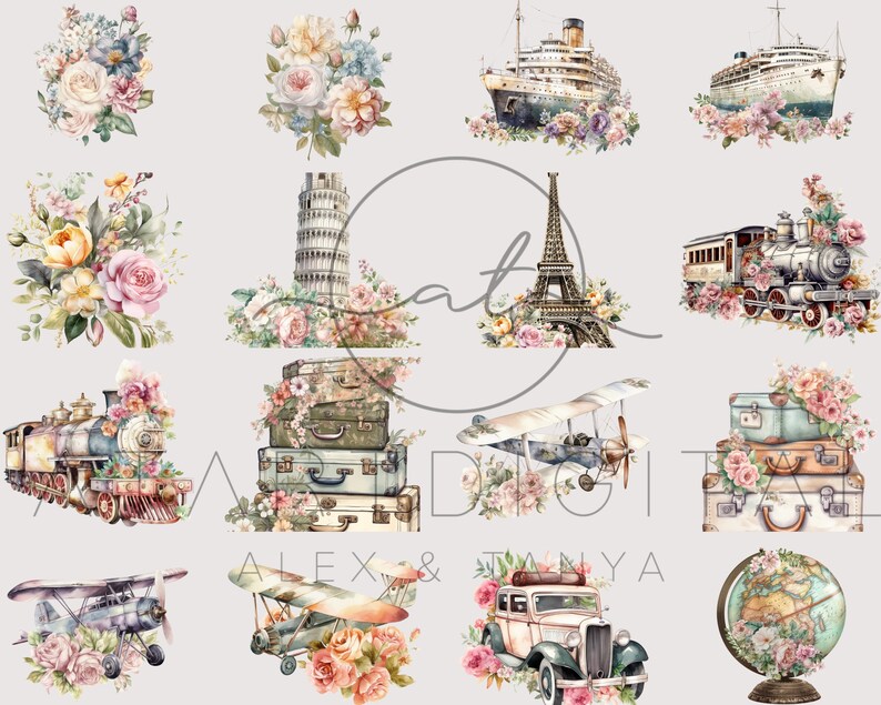 May include: A collection of watercolor illustrations featuring travel themes. The images include a vintage airplane, a train, a car, a globe, a cruise ship, the Eiffel Tower, the Leaning Tower of Pisa, suitcases, and floral bouquets.