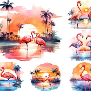 Flamingo Beach Sunset Clipart for Commercial Use, Watercolor Tropical Pink Flamingo Sublimation Designs, Ocean Sunset Png Instant Download