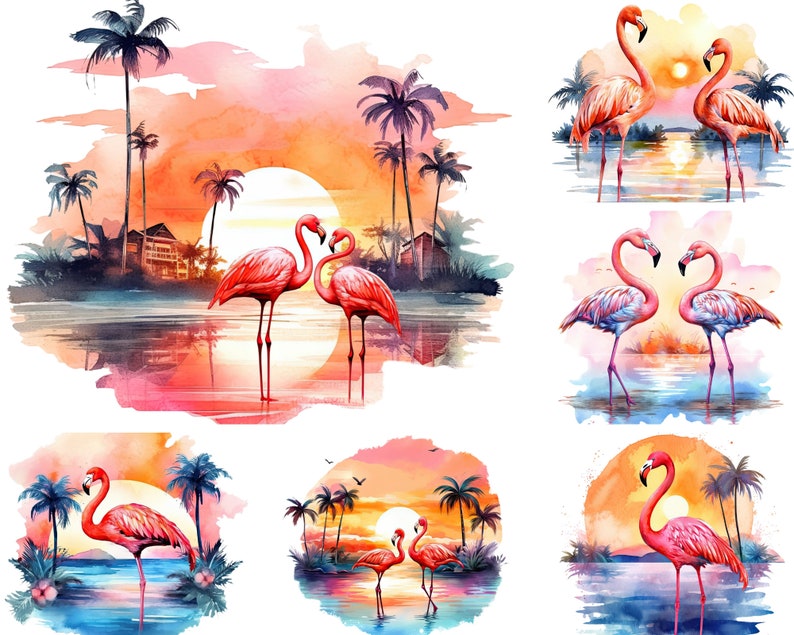 Flamingo Beach Sunset Clipart for Commercial Use, Watercolor Tropical Pink Flamingo Sublimation Designs, Ocean Sunset Png Instant Download