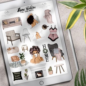 May include: A sheet of stickers featuring illustrations of home decor, furniture, and a woman in various poses. The stickers are designed for use in planners and journals. The text "Home Stickers for Good Notes" is at the top of the sheet.