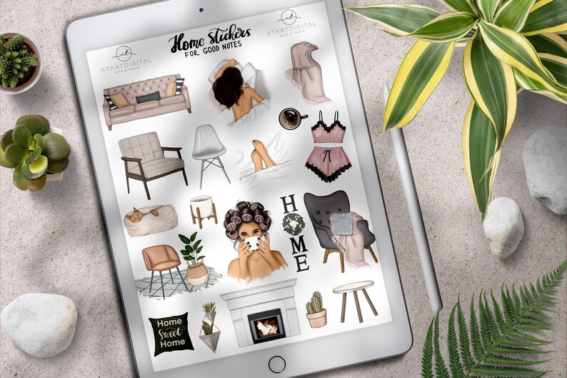 May include: A sheet of stickers featuring illustrations of home decor, furniture, and a woman in various poses. The stickers are designed for use in planners and journals. The text "Home Stickers for Good Notes" is at the top of the sheet.