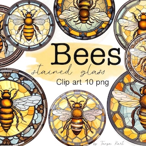 Honey Bees Png Stained Glass Clipart, Printable Digital Download for Sublimation, Junk Journals - Instant PNG Clipart for Commercial Use