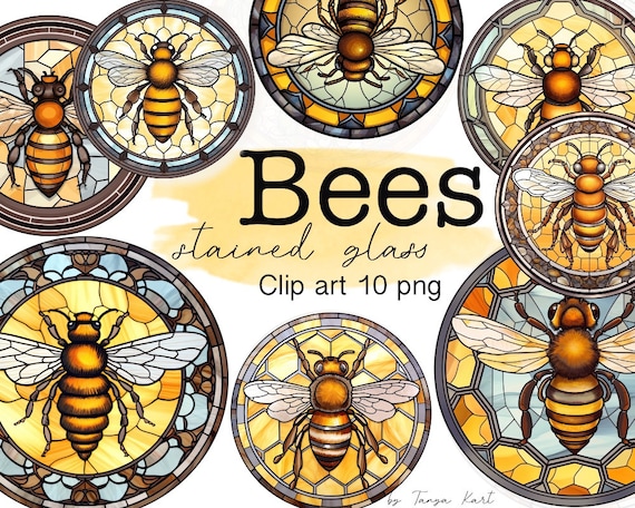 Honey Bees Png Stained Glass Clipart, Printable Digital Download for Sublimation, Junk Journals - Instant PNG Clipart for Commercial Use