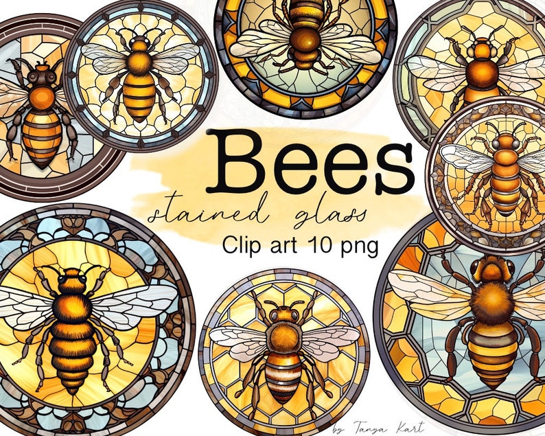 May include: Ten digital clip art images of stained glass bees in various poses. The bees are yellow and black with brown wings. The stained glass designs are in shades of yellow, brown, and blue.