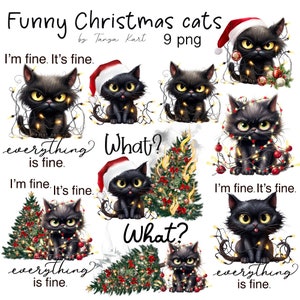 Pacchetto PNG di gatti natalizi sarcastici, download digitale per sublimazione, gatto con cappello da Babbo Natale, gatto nero arrabbiato di Natale per felpa, gatto divertente
