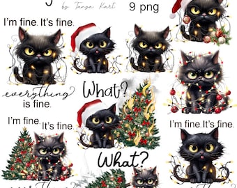 Sarcastic Christmas Cat PNG Bundle: Funny Black Cat Designs (Digital Download)