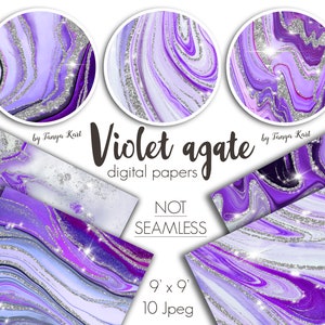 May include: Ten digital papers featuring abstract purple and silver agate designs with glitter. Each paper is 9 inches by 9 inches.