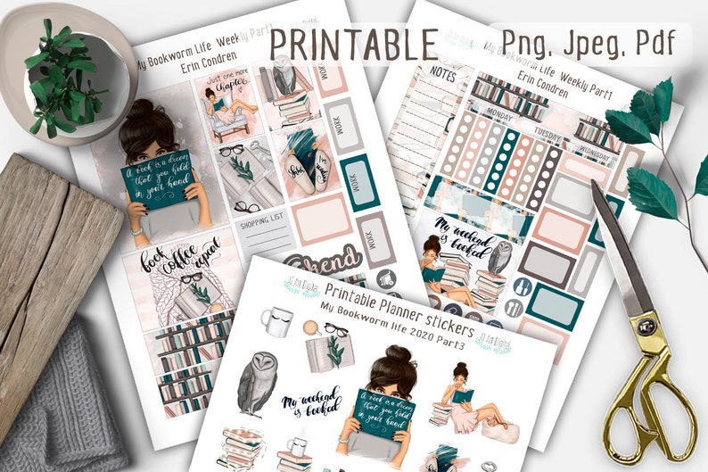 May include: Printable planner stickers with a bookworm theme. The stickers feature illustrations of a woman reading, a stack of books, a coffee mug, and an owl. The text on the stickers includes "My weekend is booked", "Book Coffee Repeat", and "A book is a dream that you hold in your hand".