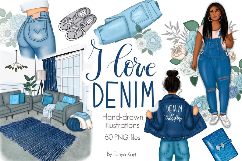 May include: A digital illustration set featuring various denim items, including jeans, a jacket, and a pair of sneakers. The illustration also includes a living room with a couch, rug, and curtains. The text "I love DENIM" is written in a decorative font. The text "Hand-drawn illustrations 60 PNG files by Tanya Kart" is also included.