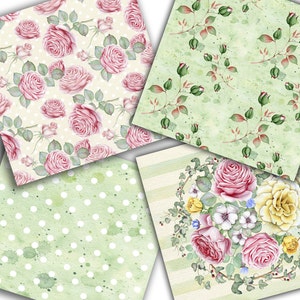 May include: Four digital paper designs featuring watercolor illustrations of pink roses and green leaves on a light green background. The designs include a floral pattern, a polka dot pattern, a striped pattern, and a wreath of roses.