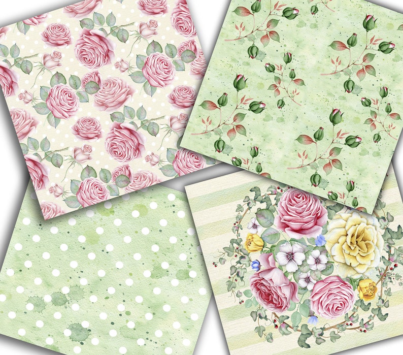 May include: Four digital paper designs featuring watercolor illustrations of pink roses and green leaves on a light green background. The designs include a floral pattern, a polka dot pattern, a striped pattern, and a wreath of roses.