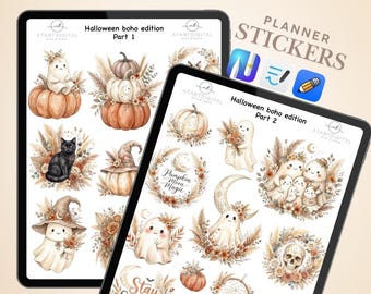 Boho Halloween Digital Stickers | GoodNotes Planner Stickers | Neutral Ghost Pumpkin PNG | Notability Noteful Autumn Set