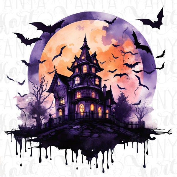 Halloween House PNG for Shirt Design & Printable Stickers, Spooky Haunted House, Full Moon Image, Scary Scene PNG for Sublimation Printing