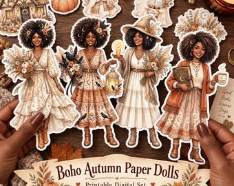 Boho Autumn Paper Dolls | African American Girl Printable Doll Set | Witchy Fall PNG Clipart | Dolls Fussy Cut Elements | Instant Download