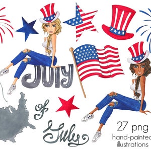 Op de afbeelding: Een set van 27 handgeschilderde digitale illustraties met een patriottisch thema. De illustraties omvatten sterren, vuurwerk, vlaggen en vrouwen die rood, wit en blauwe kleding dragen. De tekst "4th of July" is ook inbegrepen.